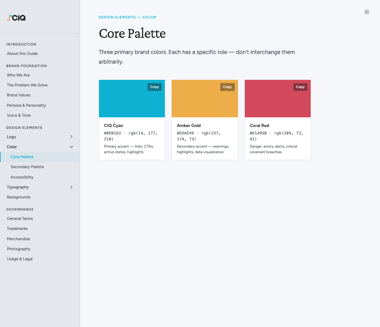 Brand guidelines site — Core Palette section showing CIQ Cyan, Amber Gold, and Coral Red with hex values and semantic roles