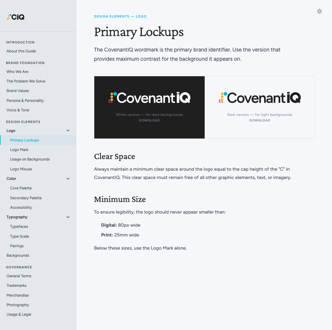 Brand guidelines site — Logo Primary Lockups section showing light and dark variants with download links