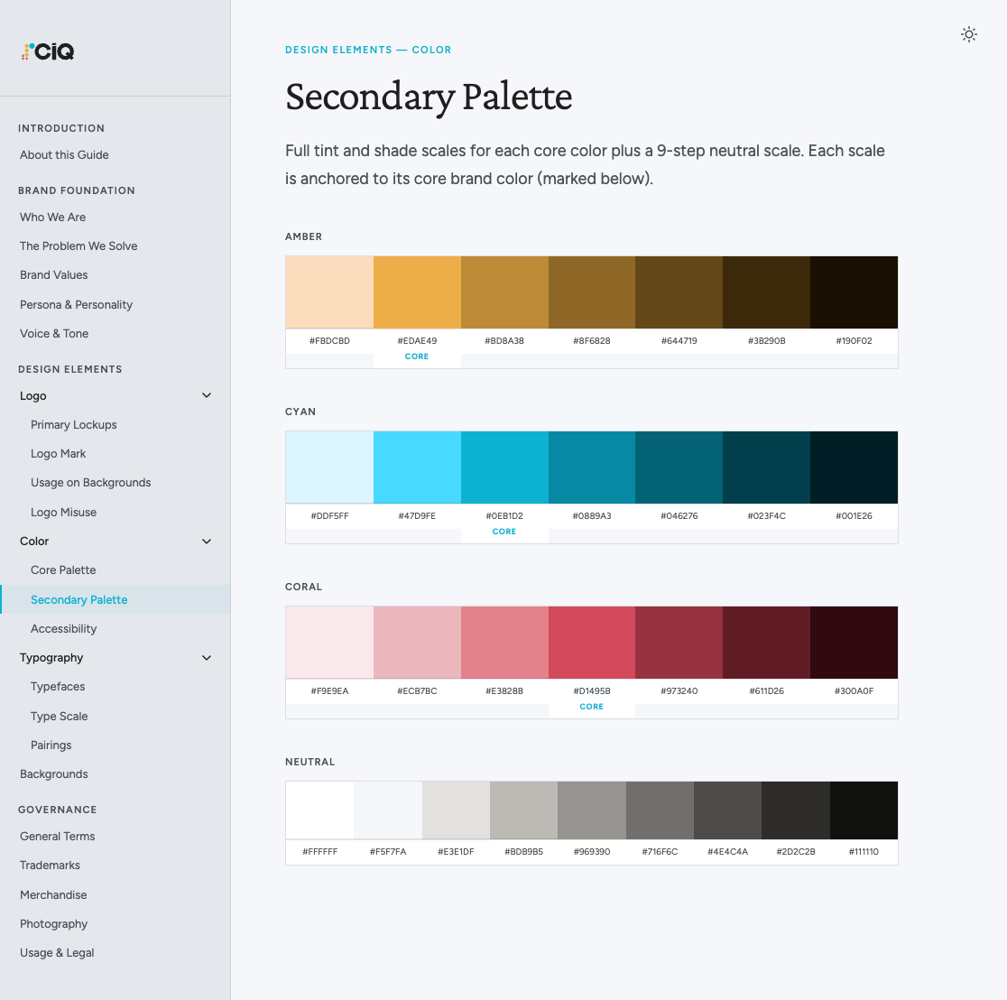 Brand guidelines — full secondary color palette showing Amber, Cyan, Coral, and Neutral shade scales